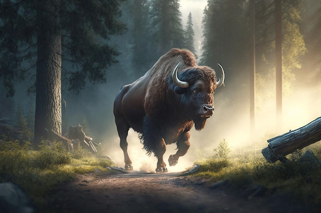 Buffels rennen in het bos afbeelding Ai gegenereerde kunst