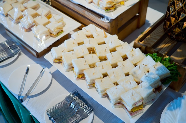 buffet food, catering food party at restaurant, mini canapes, snacks and appetizers