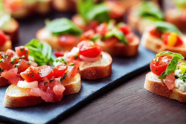 Buffet gourmet canapes and bruschetta on tray in restaurant