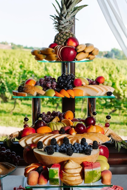 Buffet reception fruit for a wedding Assortment of exotic fruits Fresh fruits decoration