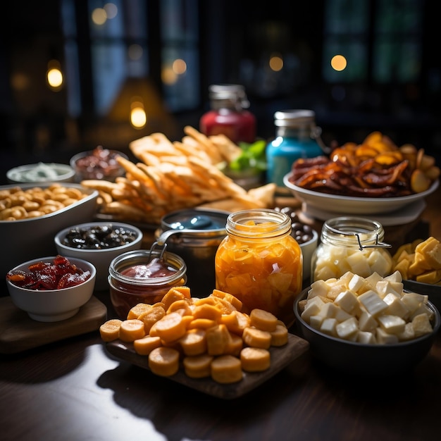 A buffet of snacks is being shown