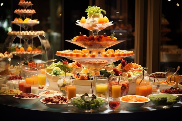 Photo buffet table decorated with tiered displays of gourmet cuisine