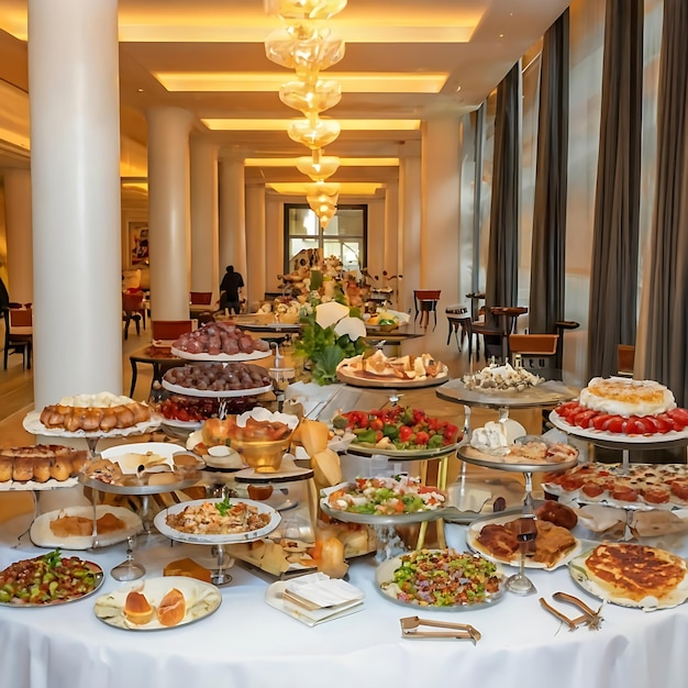 럭셔리 호텔 의 뷔페 테이블 에 음식 이 가득 차 있다