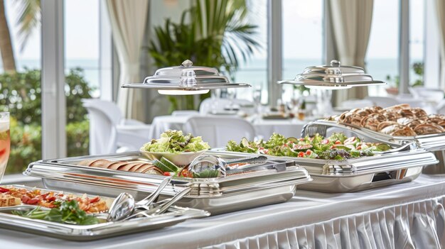 Buffet table laden with various foods