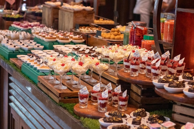 A buffet table with desserts and desserts on it