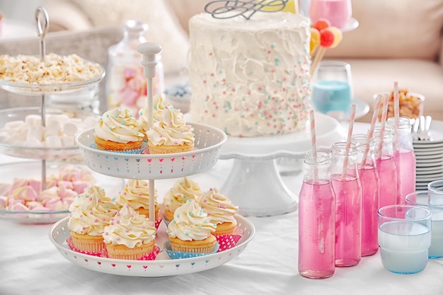 Buffet table with different treats indoors