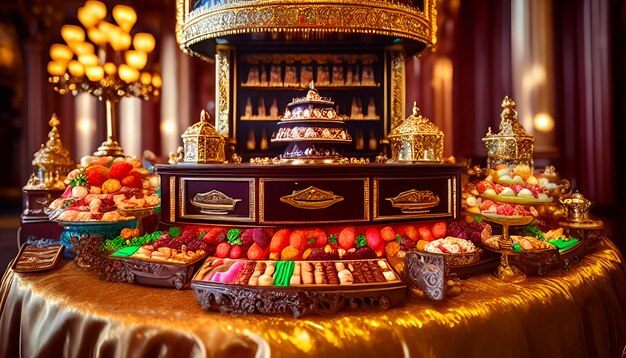 A buffet table with a display of food and sweets.