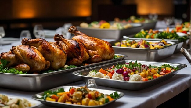 Photo a buffet table with many dishes including chicken vegetables and rice