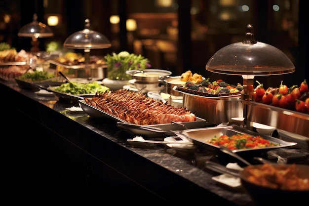 Шведский стол с множеством блюд, включая еду и большую кастрюлю с едой.