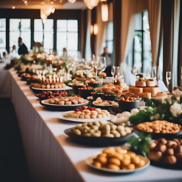 a buffet table with many plates of food on it