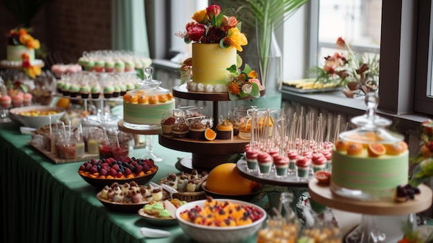 A buffet table with a variety of desserts including fruit and desserts.