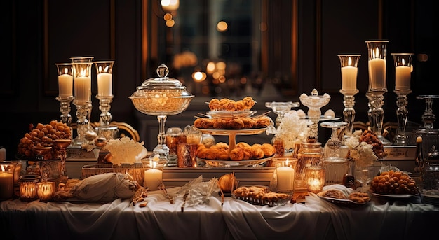 a buffet of a wedding reception with candles behind it in the style of metallic rotation