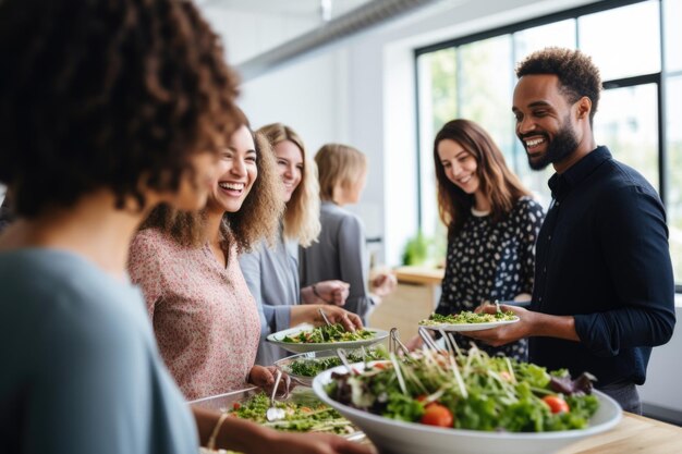 Photo buffet with young people in the office with vegan food