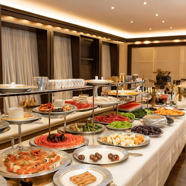 Buffettafel vol eten in een luxe hotel.