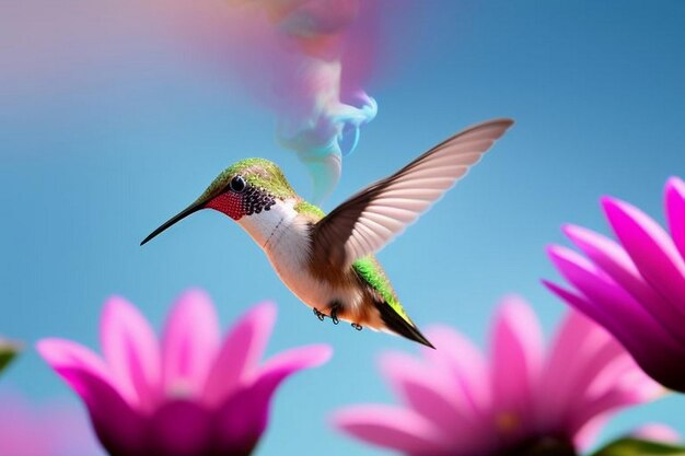 Bufftailed coronet hummingbird chasing another from a flower