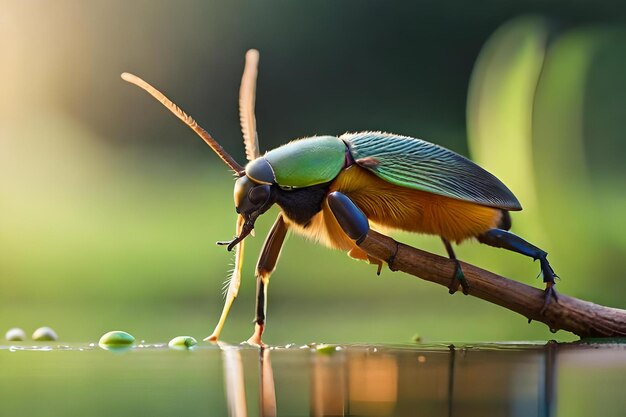 A bug drinking water from a pond