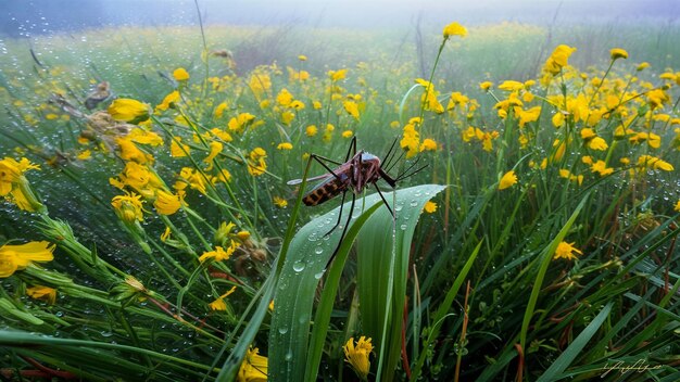 Photo a bug in a field of yellow flowers and grass