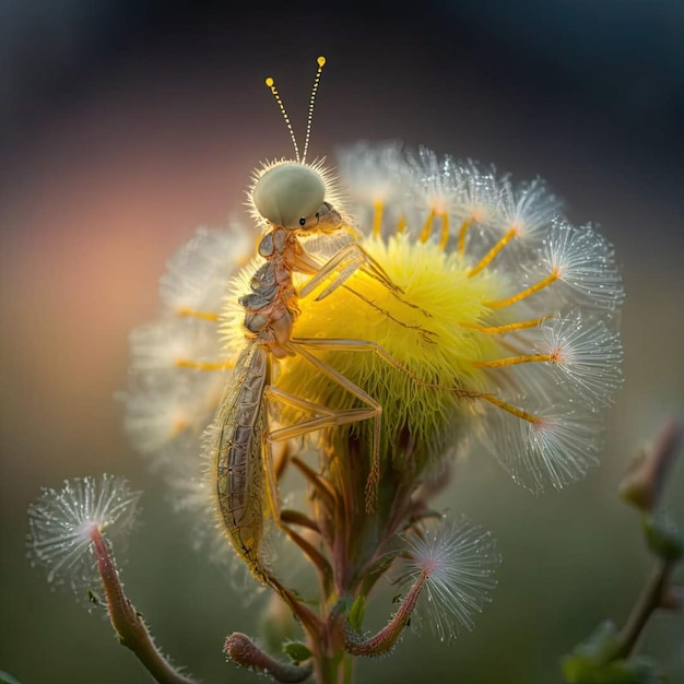 A bug on a flower with the word " on it "