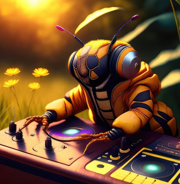 A bug is on a turntable with yellow flowers in the background.