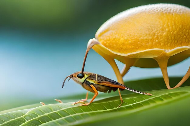 Photo a bug sits under a lemon tree.