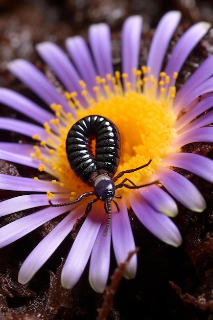 a bug sitting on top of a purple flower