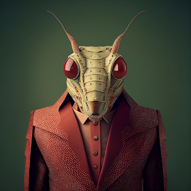 A bug wearing a suit and a red jacket is standing in front of a green background.