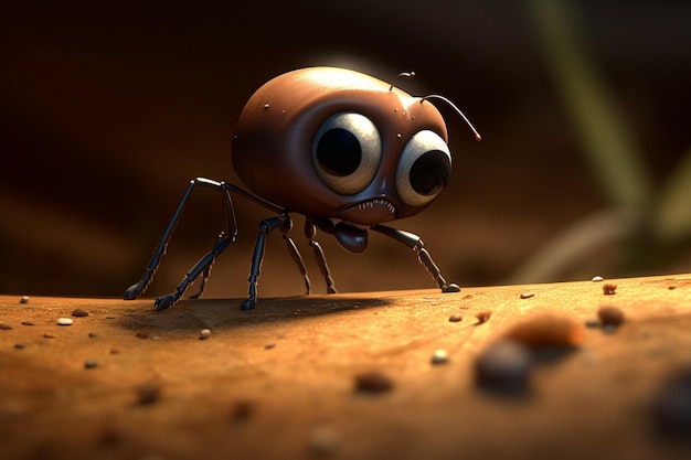 A bug with big eyes is on a brown surface.