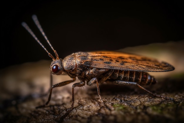 A bug with a black background and a red eye.