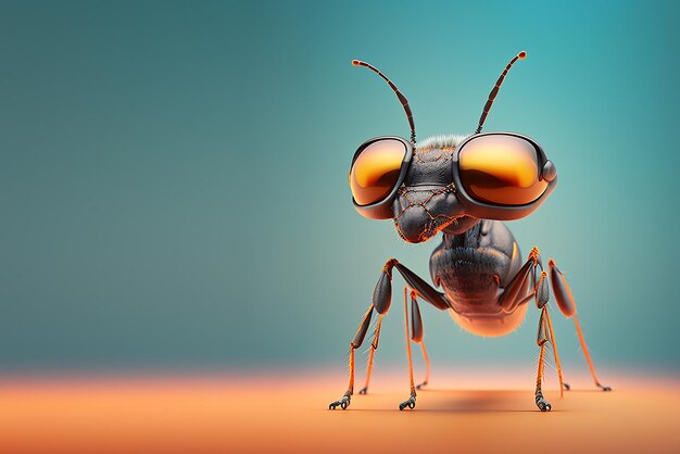 A bug with a blue background and orange glasses