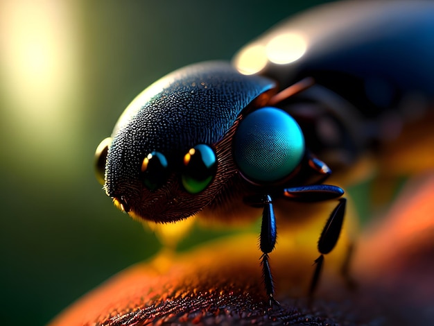 A bug with a blue eyes is on a red background.