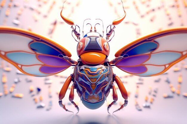 A bug with blue wings is flying in front of a light background.