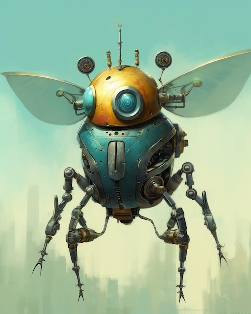 A bug with a blue and yellow body and yellow body is suspended from the sky