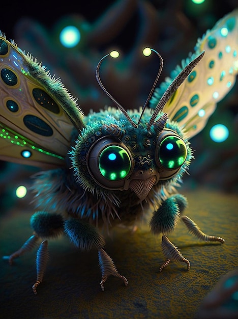 На этой иллюстрации показан жук со светящимися глазами.