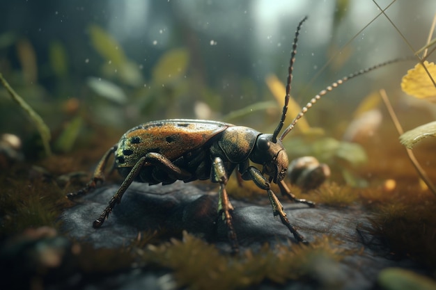 A bug with a long tail sits on a rock in the grass.