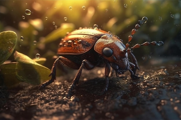 A bug with a red shell is walking on a wet ground.