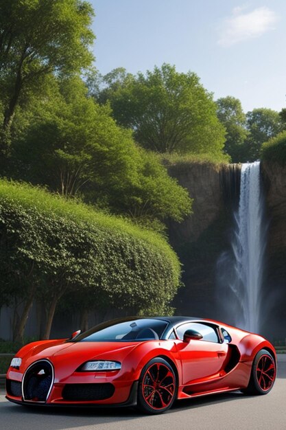 bugatti car full body mix color CITY background waterfall trees