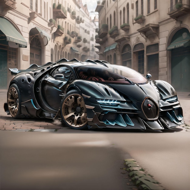 A bugatti car is parked on a street in front of a building.