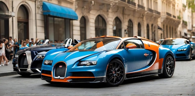 Foto bugatti sportwagen parade in het midden van de stad generatieve ai