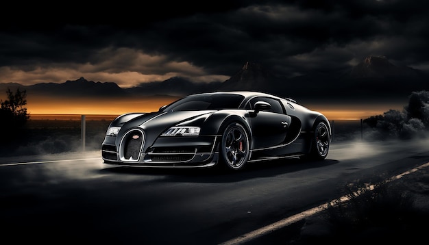 Bugatti Veyron в ярком свете ночи с дорогой