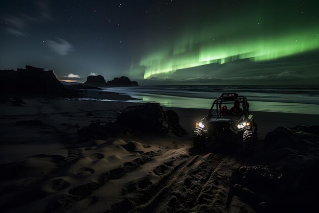 Foto auto buggy e spiaggia dell'aurora boreale rete neurale generata dall'intelligenza artificiale