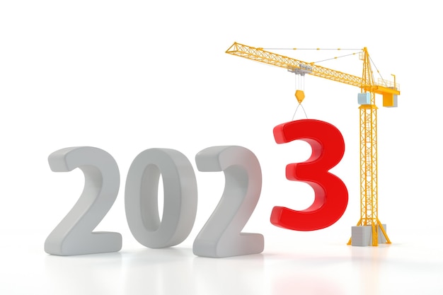 Build the Future Concept Tower Crane with 2023 Year Sign on a white background 3d Rendering