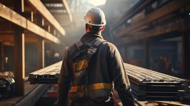 Builder carries a steel beam on his shoulder Generative AI