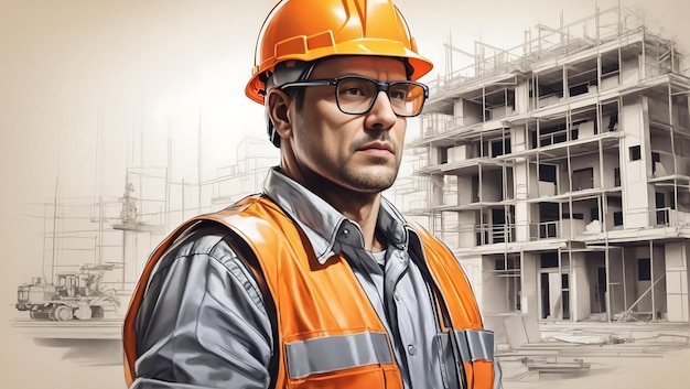 A builder in a construction with a vest and an orange helmet with other safety