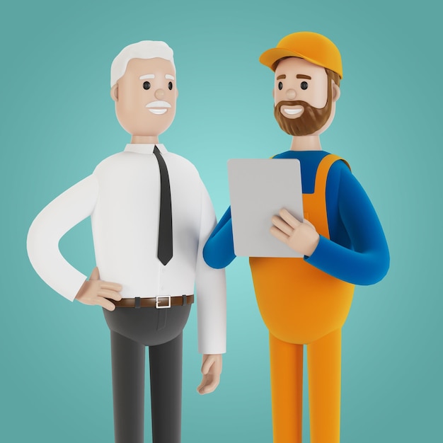 The builder and the customer are discussing the work plan\
acceptance of apartments 3d illustration in cartoon style