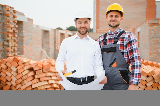 Builder and engineer on construction site