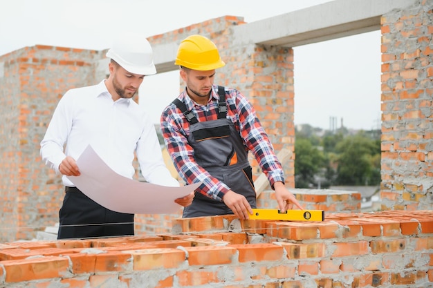 Builder and engineer on construction site