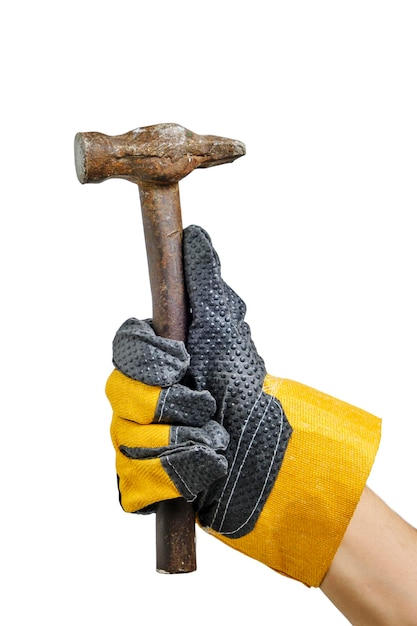 Строитель в перчатке держит молоток на белом фоне Концепция ко Дню труда первого мая