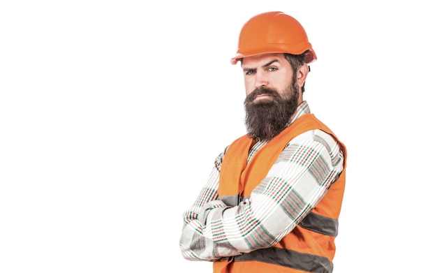 Builder in hard hat, foreman or repairman in the helmet. Man builders, industry