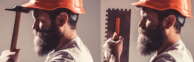 Builder in casco martello tuttofare costruttori in hardhat uomo barbuto lavoratore con barba costruzione casco hard hat strumento cazzuola uomo costruttore