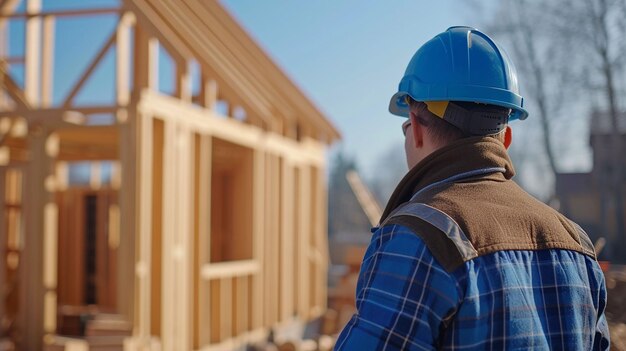 A builder in a helmet and uniform at the construction of a frame cottage